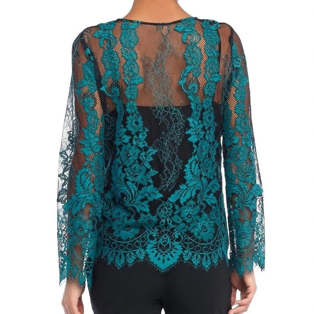 NWT The Limited Sz L Turquois & Black Lace Fairy Whimsigoth Sheer V-neck Blouse‎